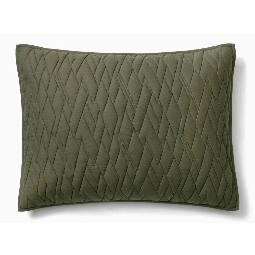 West Elm Diamond Sham Standard Olive Green 100% Cotton Quilted Pillow Sham NIP